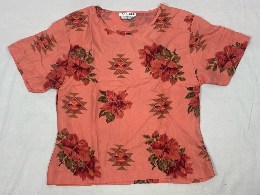 VTG Ann Taylor 100% Silk Blouse S Peach Floral Geometric Southwestern Top Tee